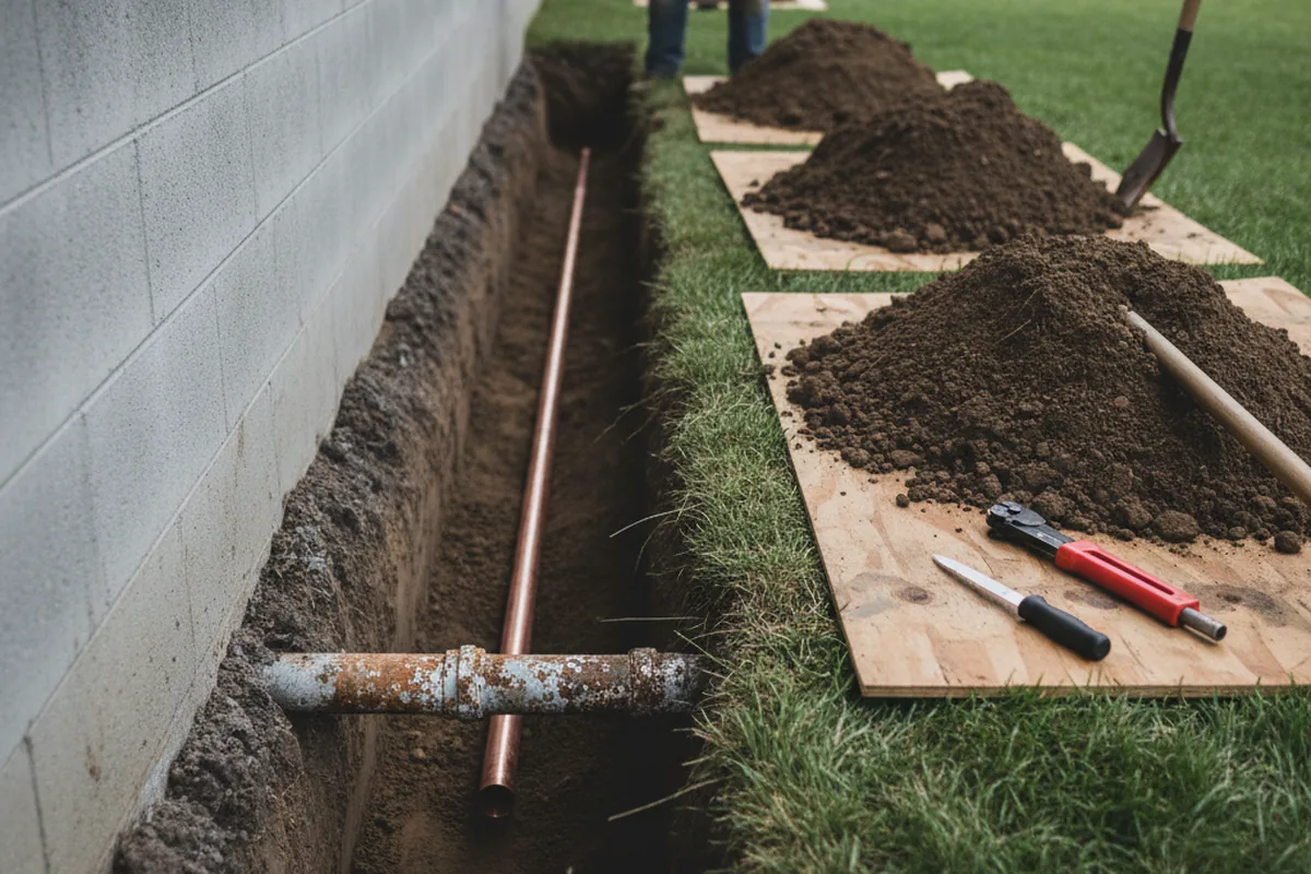 Excavated water line trench during Sewer Line Repair in Wallace